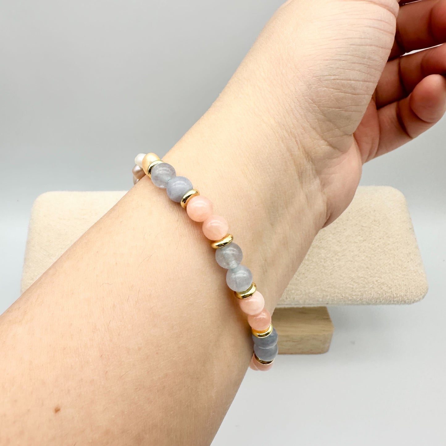 ANGELITE + ROSE QUARTZ & PHILIPPINE PEARLS | HANDMADE GEMSTONE BRACELET