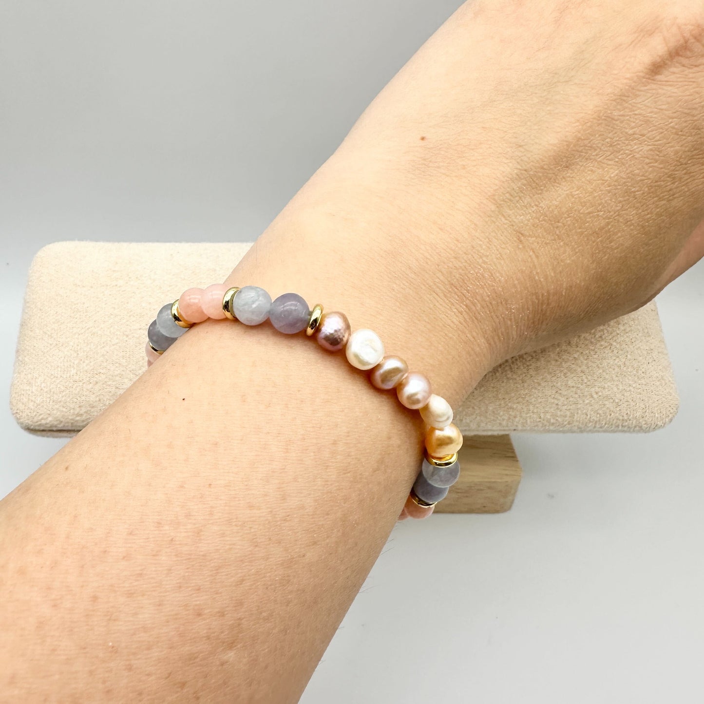ANGELITE + ROSE QUARTZ & PHILIPPINE PEARLS | HANDMADE GEMSTONE BRACELET