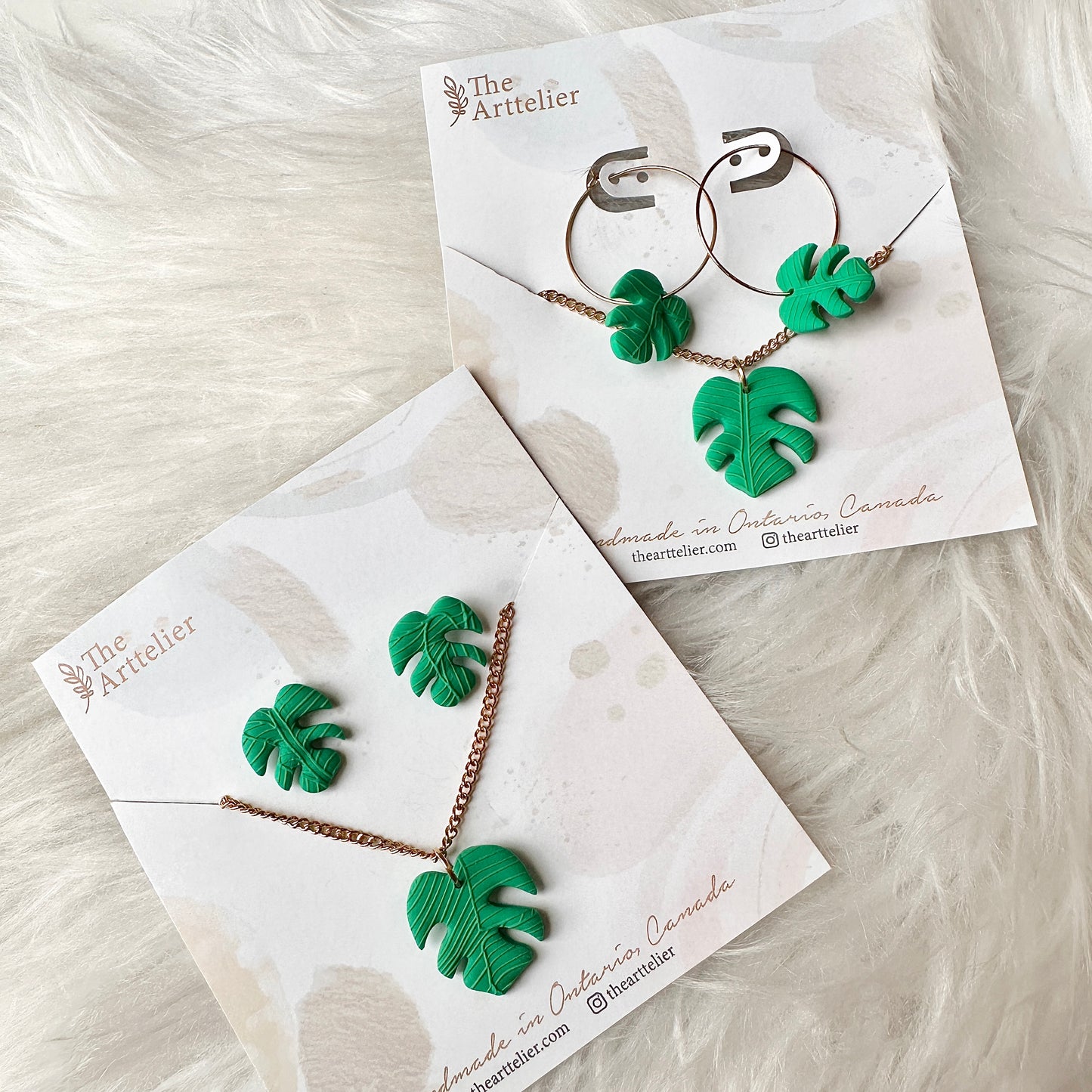 Clay Monstera Earrings & Necklace