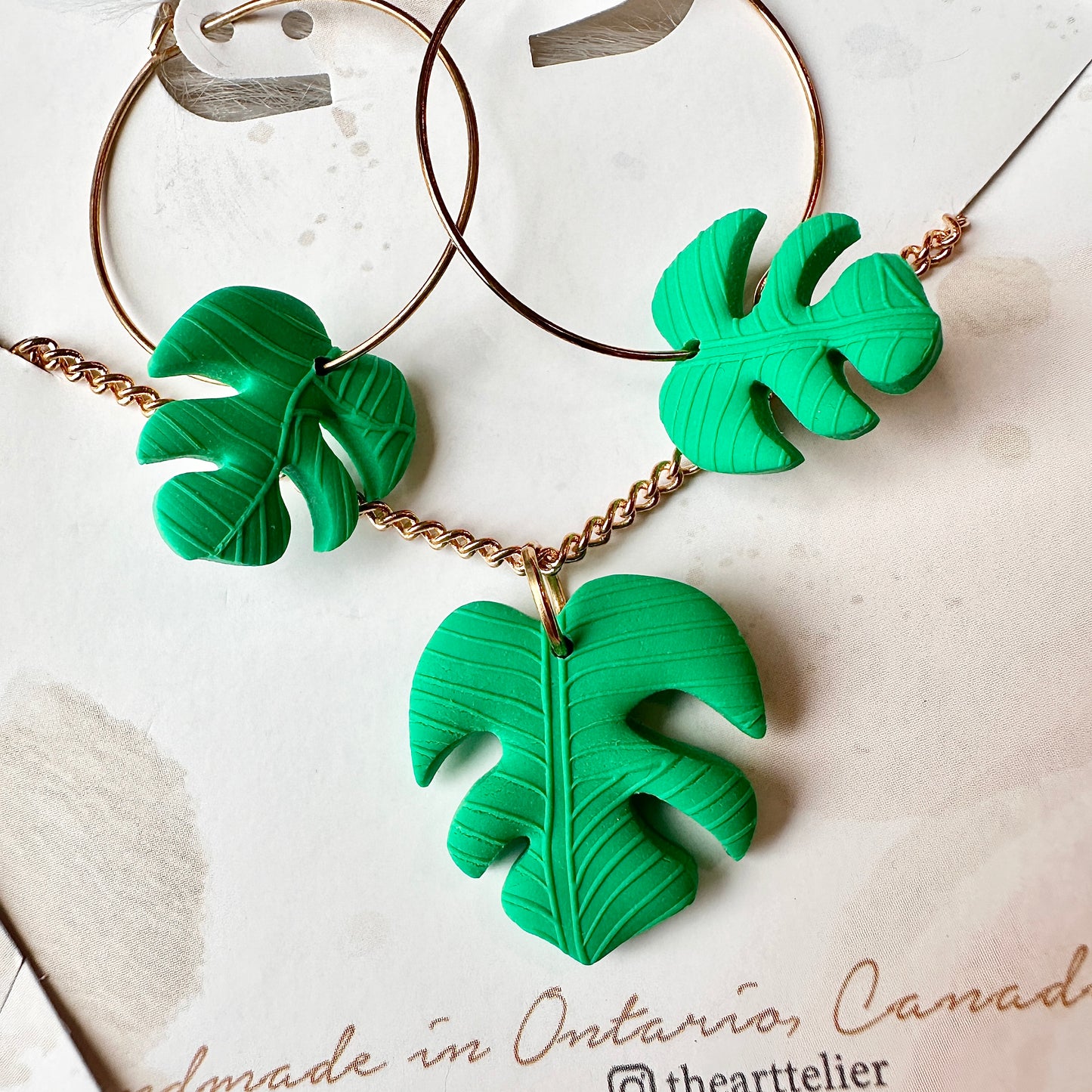 Clay Monstera Earrings & Necklace