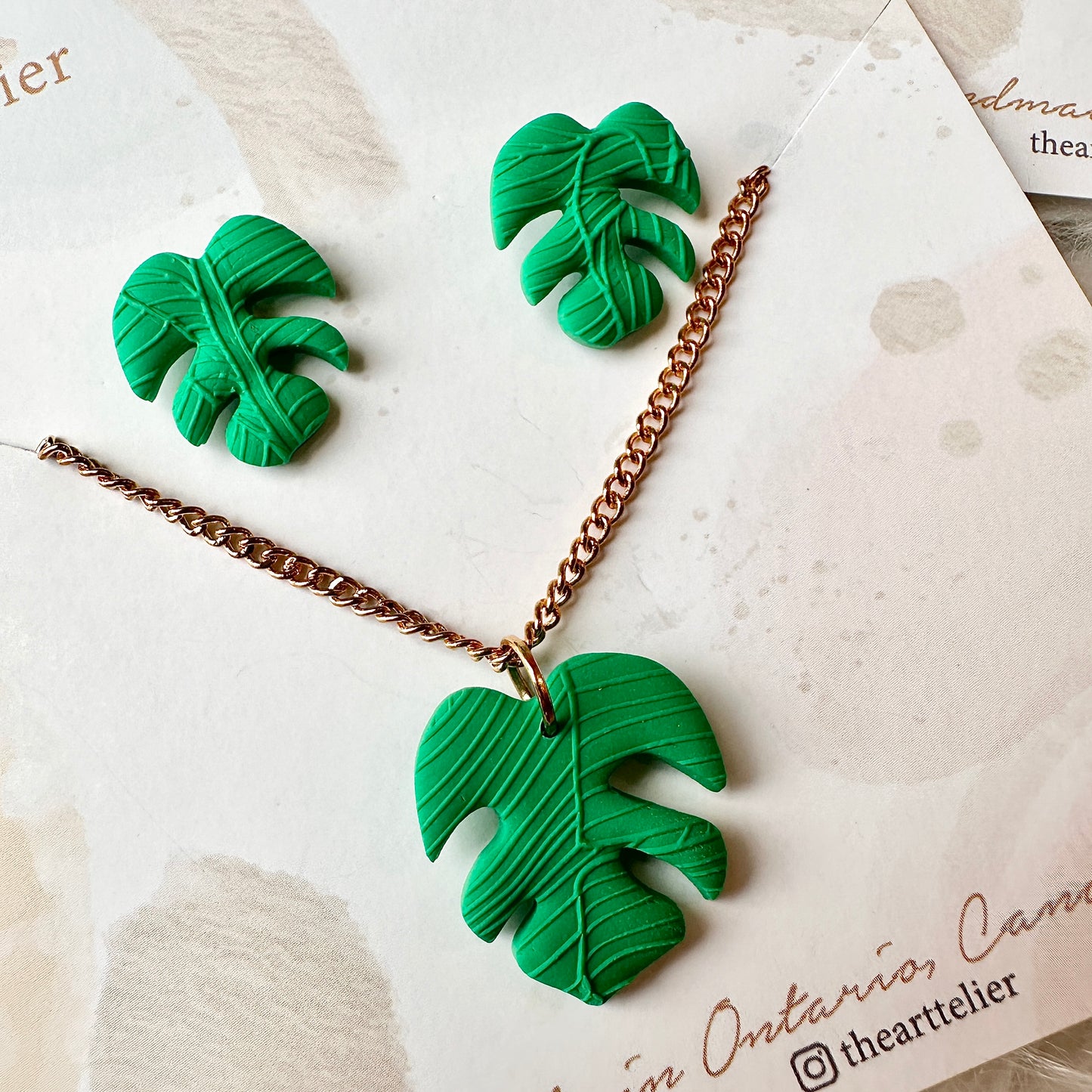 Clay Monstera Earrings & Necklace