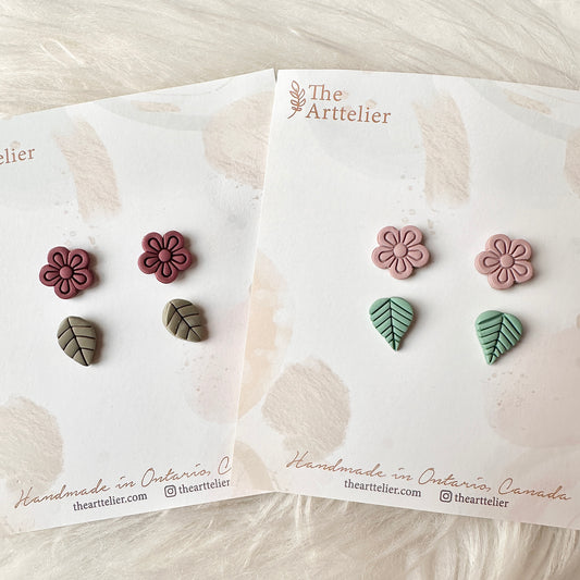 Clay Stud Earrings 2-Pack Leaf & Flower